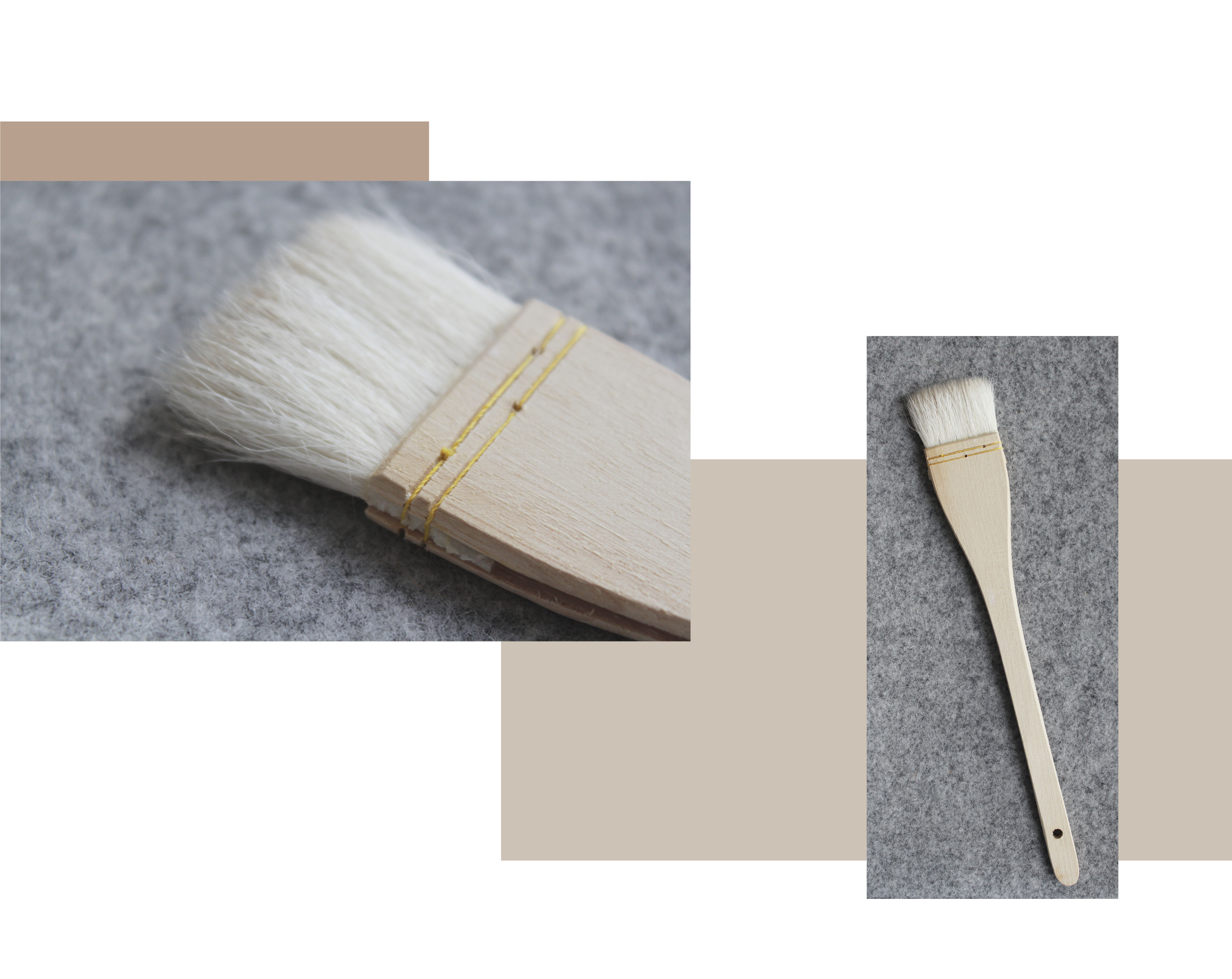twee beelden, een shwing een close-up van een heek glazuur borstel op een grijze achtergrond. De tweede toont de volledige heekborstel. Houten handvat, stiksels, vezelige borstel.